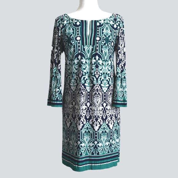 LAUNDRY By Design Mosaic Flared Bell Sleeve Shift Dress Green 8 - Picture 1 of 7